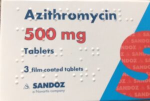 This image shows a packet of antibiotics called, Azithromycin, which were used as empirical treatment.